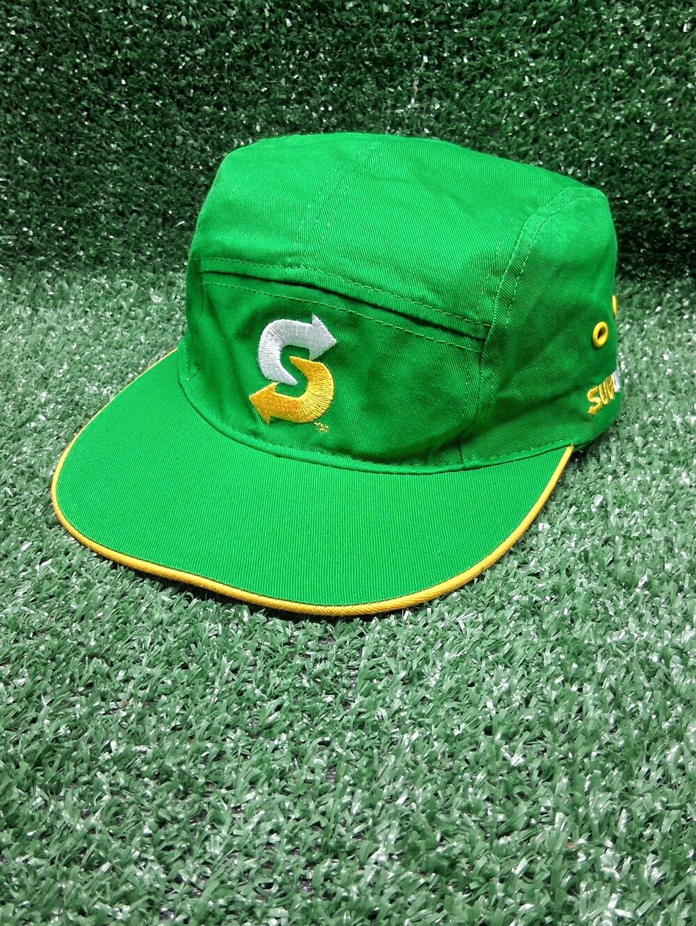 Subway 5 Panel Snapback Hat Adjustable Green Yellow Embroidered Logo